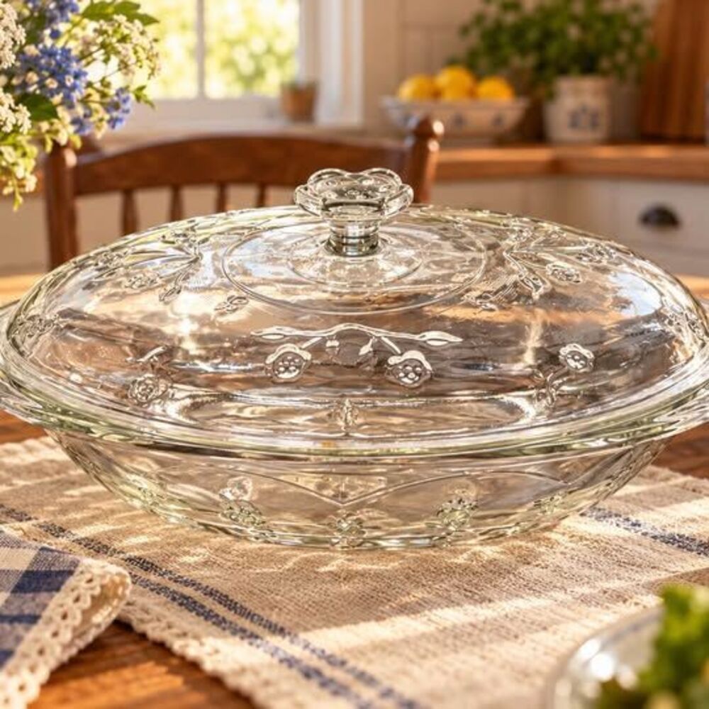 Vintage Anchor Hocking Clear Glass Covered Casserole Dish Floral Lid